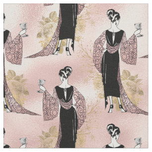 French Vintage Woman with Wine on Blush Pink Fabric