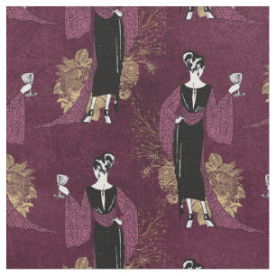 French Vintage Woman with Wine on Maroon Fabric