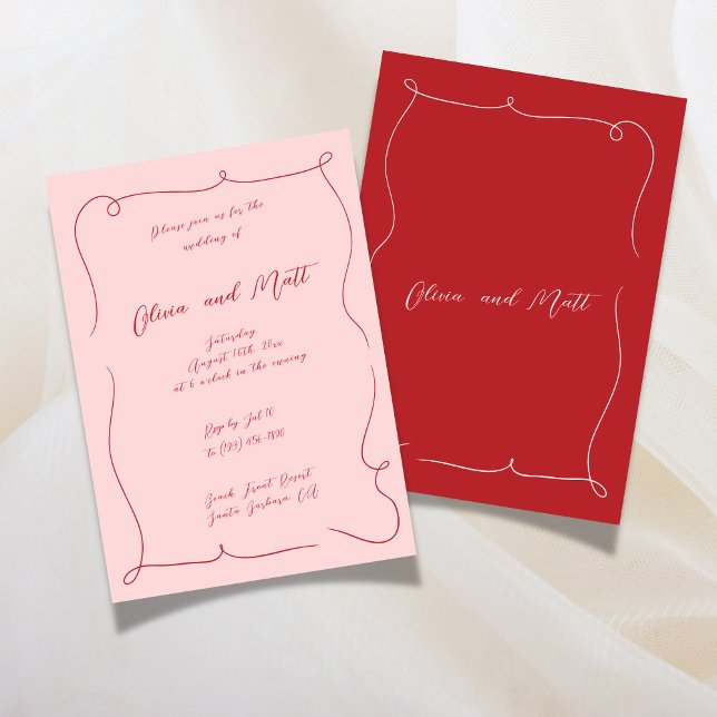 French Whimsy Script Wedding Invite Red Pink (French Whimsy Script Wedding Invite Red Pink)
