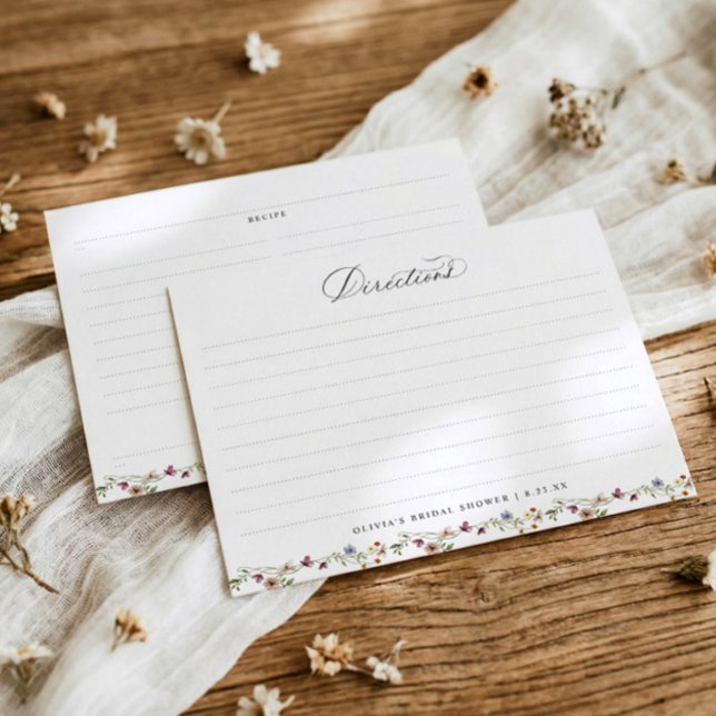 French Wildflowers Botanical Bridal Shower Recipe Enclosure Card (Bridal shower recipe cards with watercolor wildflowers and elegant French botanical floral design)