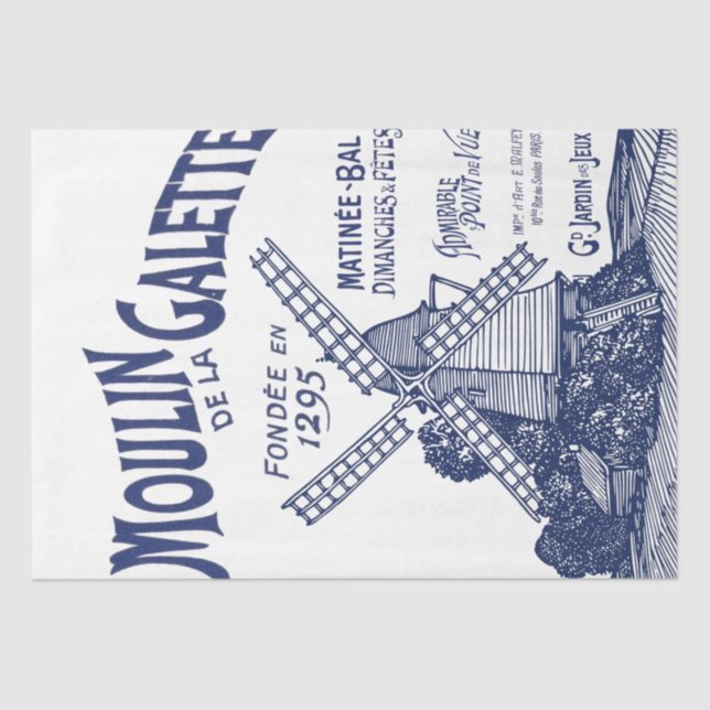 French Windmill Blue Typography Decoupage Old Text Tissue Paper (Front)
