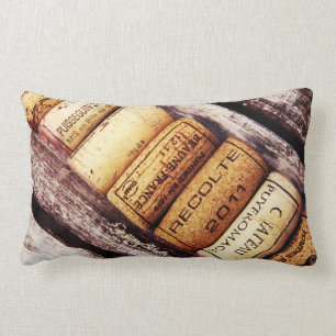 french wine bottle corks on rustic wood lumbar pillow