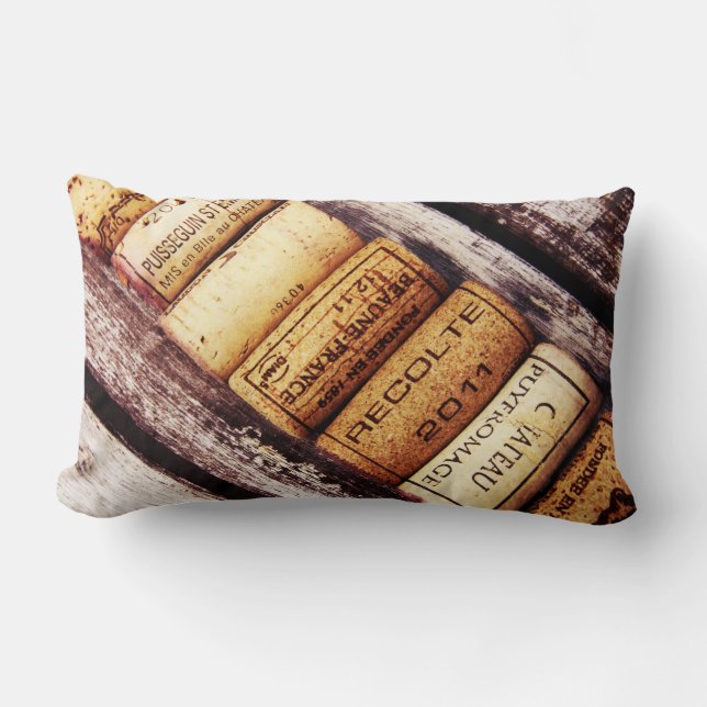 french wine bottle corks on rustic wood lumbar pillow (Front)