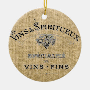 French Wine on Burlap Ceramic Ornament