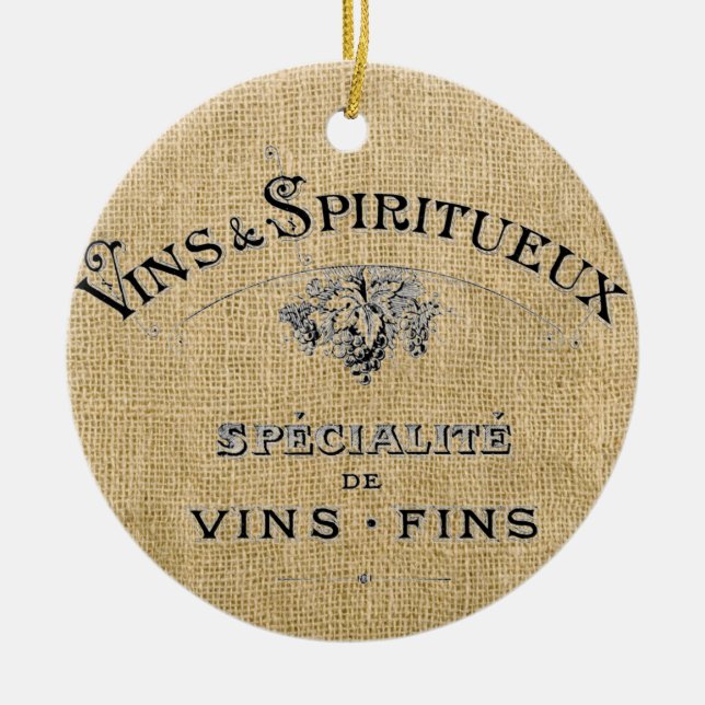 French Wine on Burlap Ceramic Ornament (Front)