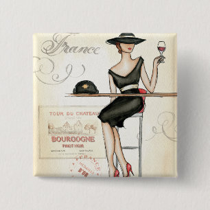 French Woman Drinking Red Wine 2 Inch Square Button