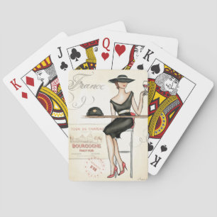 French Woman Drinking Red Wine Playing Cards