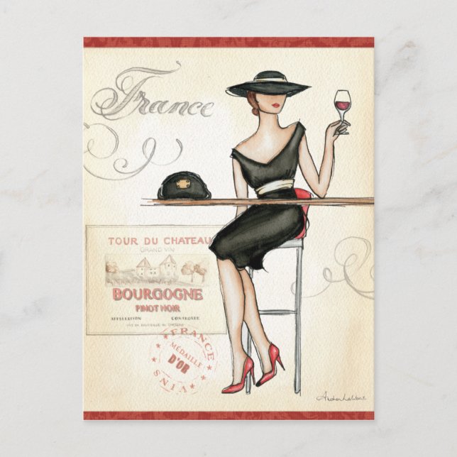 French Woman Drinking Red Wine Postcard (Front)