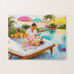 Frenchie at pool massage jigsaw puzzle