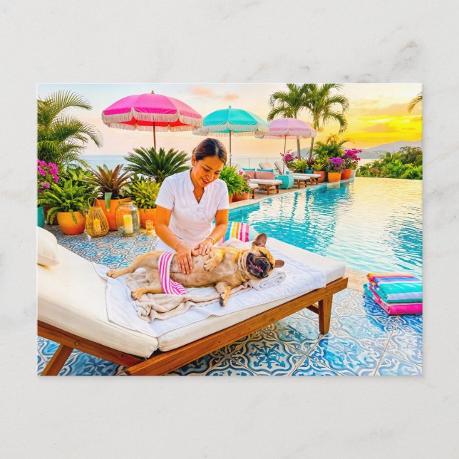 Frenchie at pool massage postcard (Front)