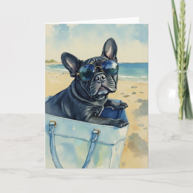 Frenchie at the Beach Watercolor Card (Front)