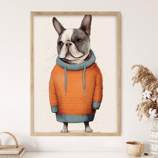 Frenchie au pull orange, déco de chien drôle, Grin (Créateur téléchargé)