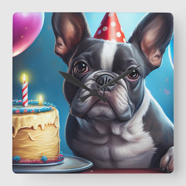 Frenchie Birthday Bash: A Cute French Bulldog Square Wall Clock (Front)