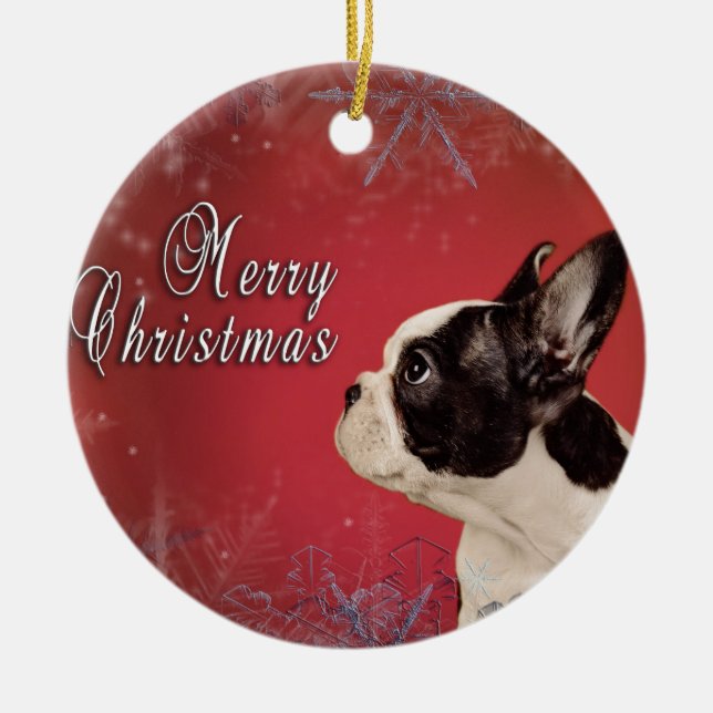 Frenchie Christmas card Ceramic Ornament (Front)