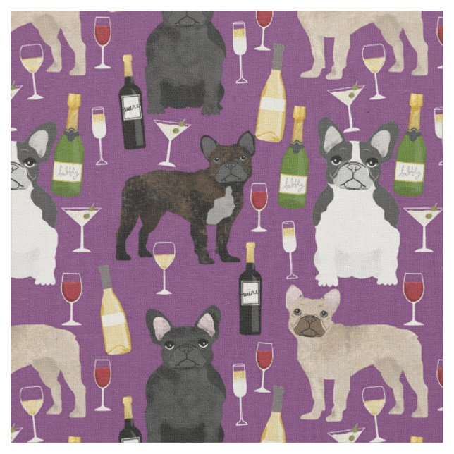 Frenchie dog and wine purple fabric (Close Up)
