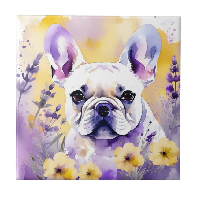 Frenchie Dog Portrait With Wildflowers Tile (Front)