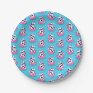 Frenchie enjoys Summer on Flamingo Pool Float Paper Plate