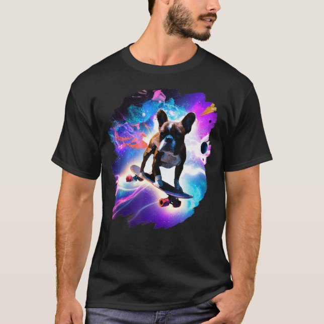Frenchie French Bulldog Skateboarding Space Retro  T-Shirt (Front)