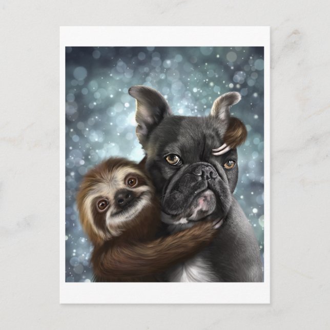 Frenchie getting a Sloth hug! Postcard (Front)