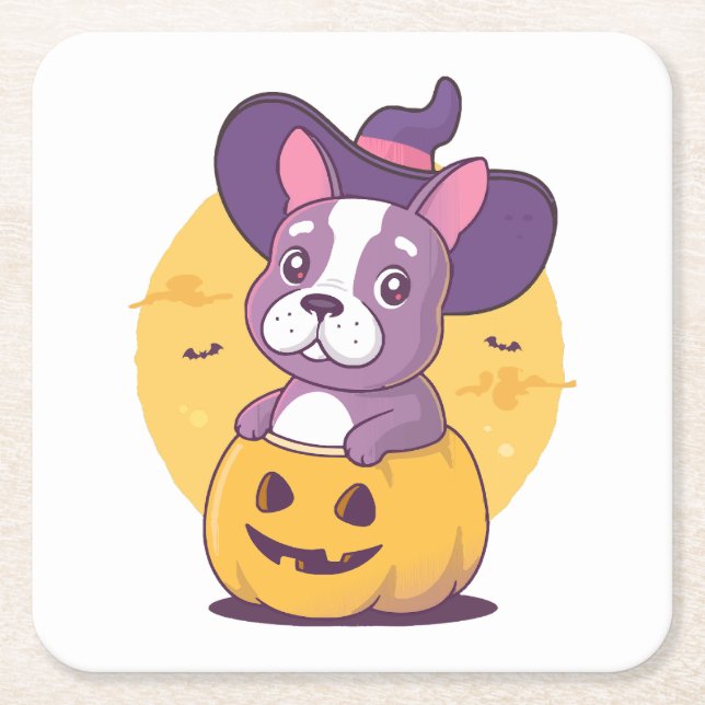 Frenchie Halloween Square Paper Coaster (Front)