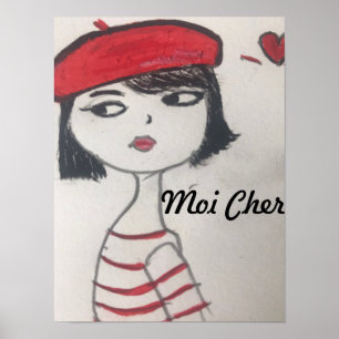 Frenchie hand painted design, French beret, Tote B Poster