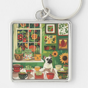 Frenchie in Boho Garden Tea Room Keychain