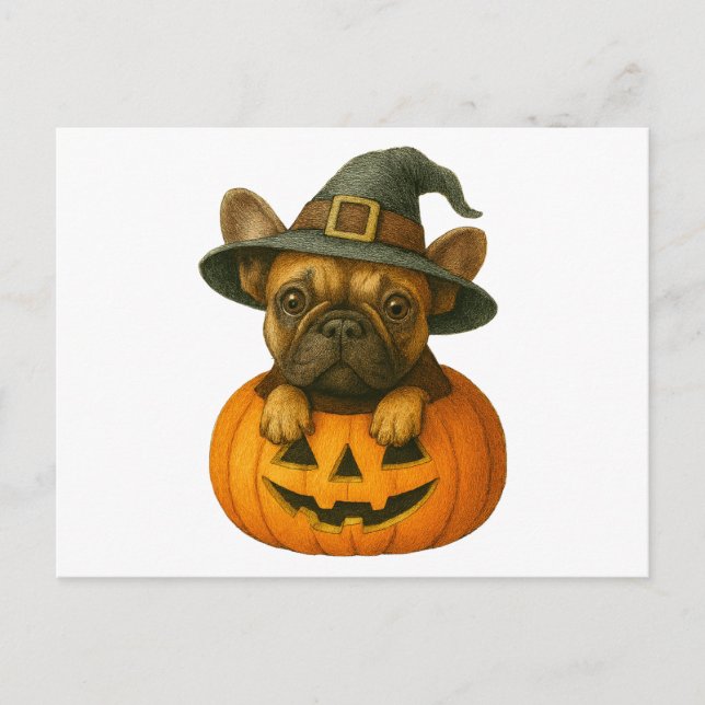 Frenchie in Pumpkin Holiday Postcard (Front)