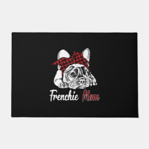 frenchie mom   french bulldog with red plaid doormat
