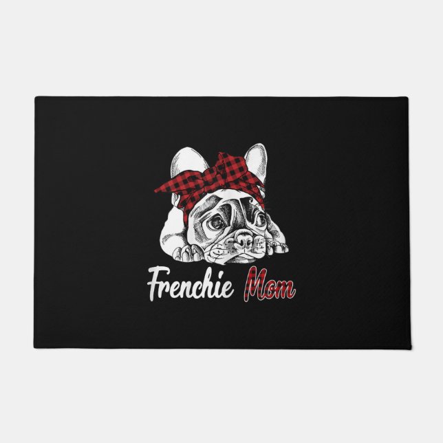 frenchie mom | french bulldog with red plaid doormat (Front)