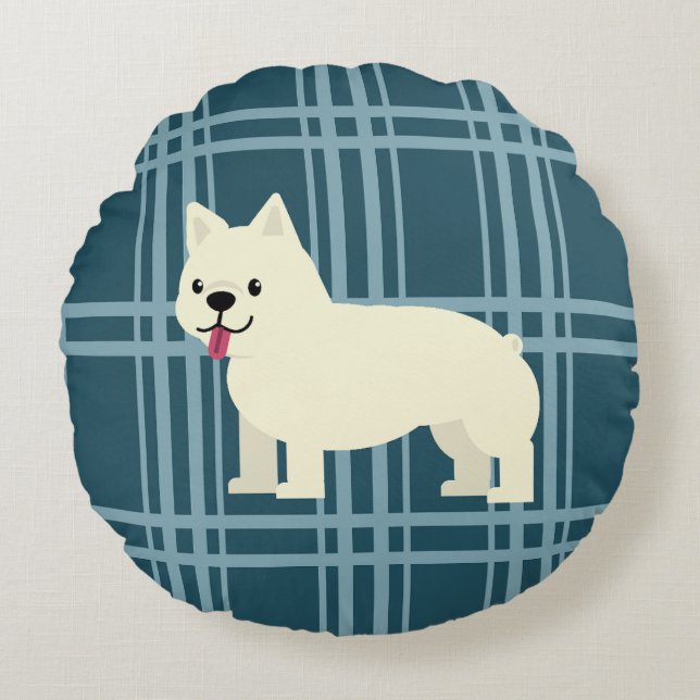 Frenchie Plaid Blue Round Pillow (Front)