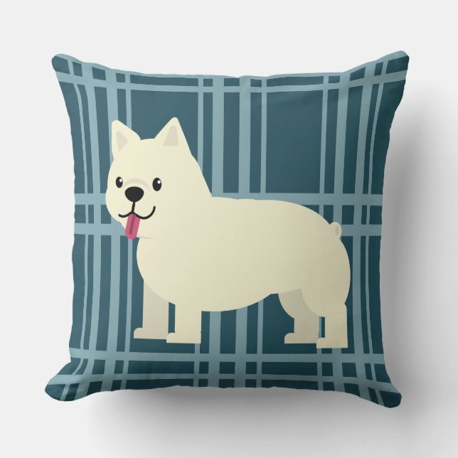 Frenchie Plaid Blue Throw Pillow (Front)