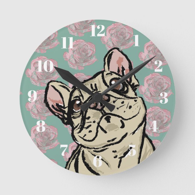 Frenchie Roses Round Clock (Front)