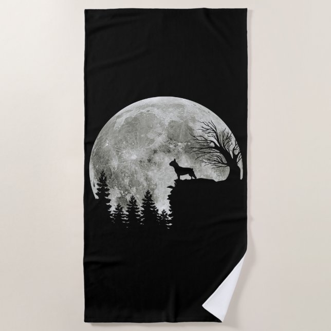 Frenchie Standing On Mountain Moonlight Halloween Beach Towel (Front)