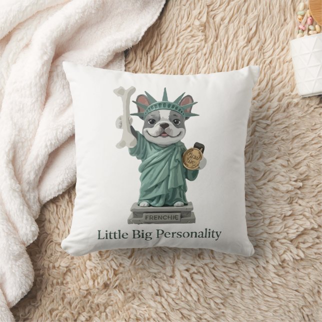 Frenchie Statue of Liberty Dog Lover Throw Pillow (Blanket)