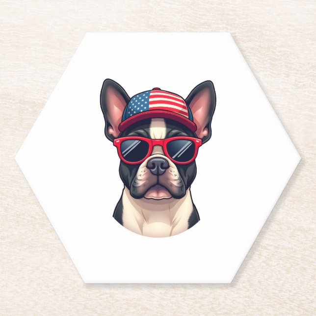 Frenchie Wearing USA Colours (4) Paper Coaster (Front)