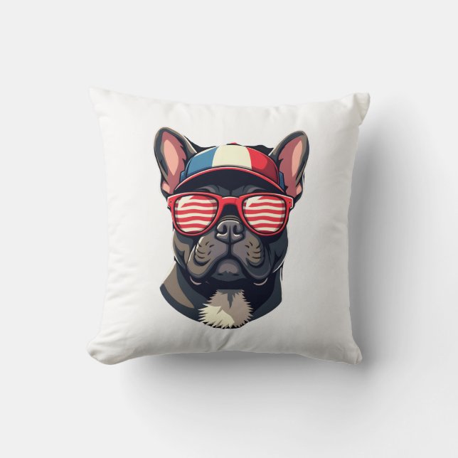 Frenchie Wearing USA Colours (7) Throw Pillow (Front)