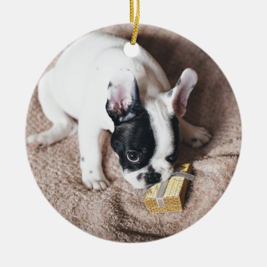 Frenchie With a Gift Ceramic Ornament