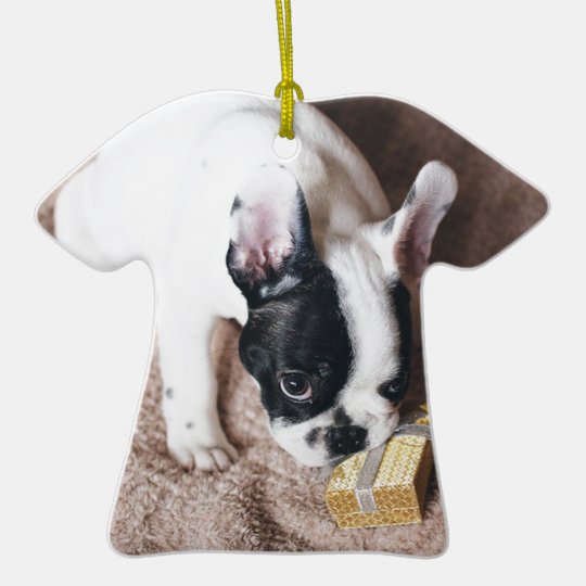 Frenchie With a Gift Ceramic Ornament
