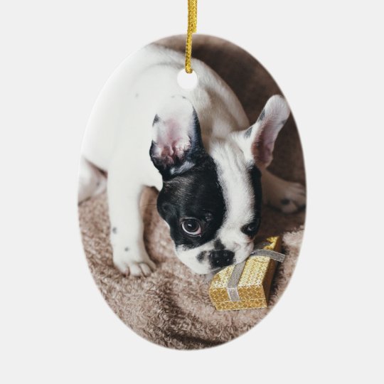Frenchie With a Gift Ceramic Ornament