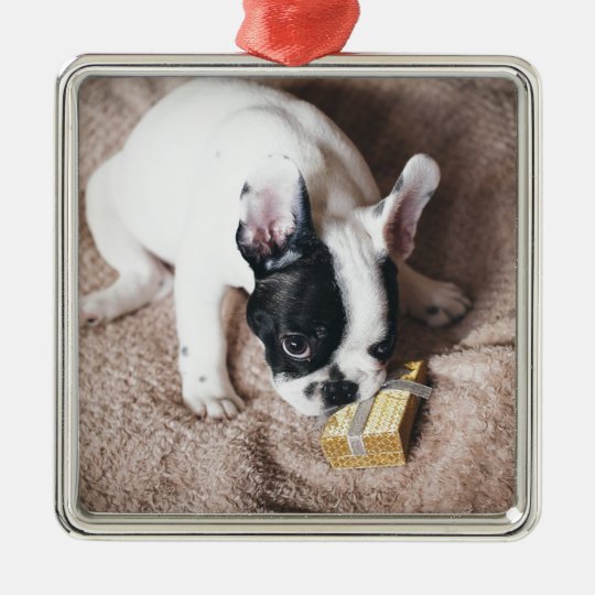 Frenchie With a Gift Metal Ornament