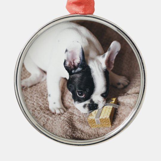 Frenchie With a Gift Metal Ornament