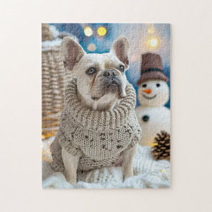 Frenchie With Snowman Christmas Jigsaw Puzzle