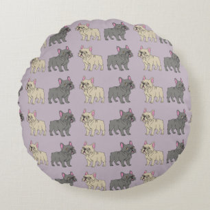 Frenchies, Purple Round Pillow