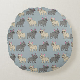Frenchies, Smokey Blue Round Pillow