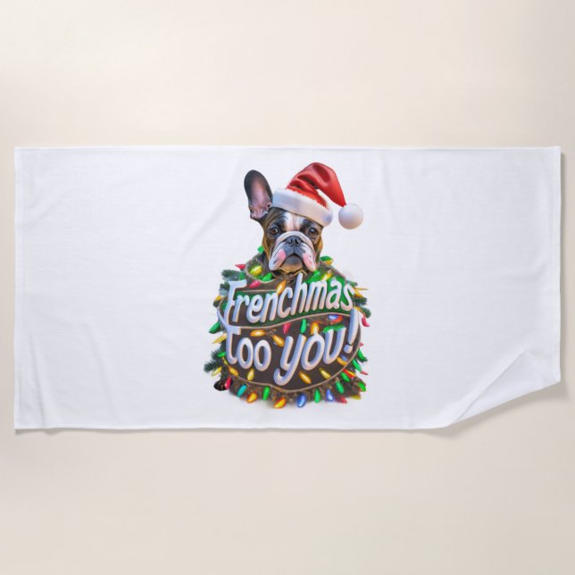 Frenchmas too you Bulldog Dog Tree Christmas Light Beach Towel (Front)