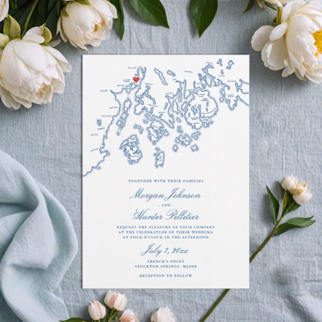 French's Point Maine Map Elegant Wedding Invitation (French's Point Maine Wedding Invitation with Stockton Springs map in elegant navy blue )