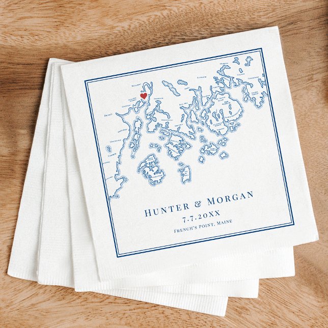 French's Point Stockton Maine Elegant Wedding Napkin (French's Point Maine Wedding Napkins Stockton Springs map in elegant navy blue by Coastal Map Design)