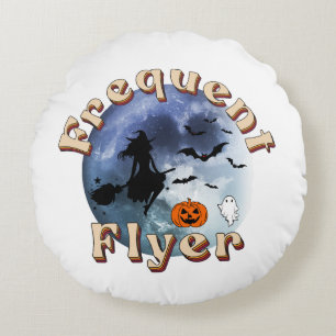 Frequent Flyer Halloween Witch Riding Broomstick Round Pillow