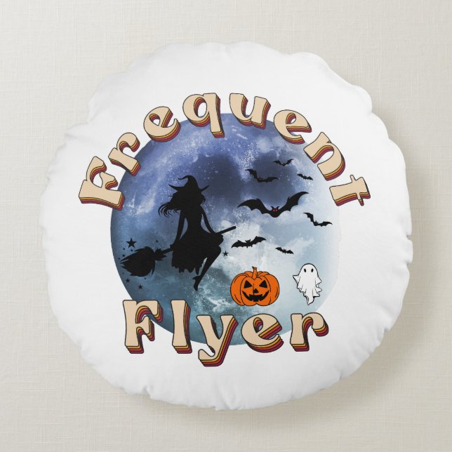 Frequent Flyer Halloween Witch Riding Broomstick Round Pillow (Front)