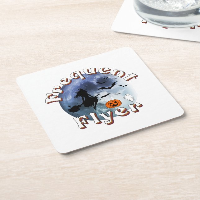 Frequent Flyer Halloween Witch Riding Broomstick Square Paper Coaster (Angled)